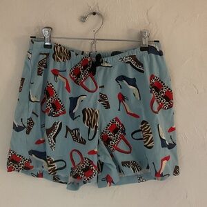 Vintage Pajama Shorts with Shoe and Bag Print, Size S, Blue/Multi, 100% Cotton